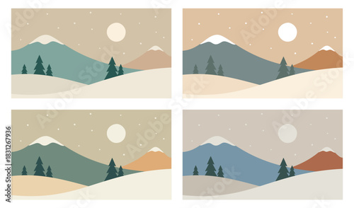 Minimalistic winter mountains landscape illustrations in different colors. Hand drawn vector images in Scandinavian style