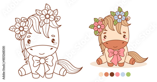 Little Cartoon Horse Girl with Bow, Flower Wreath. Cute Holiday Pony Kawaii Animal Character. Isolated Outline and Color drawing. Coloring Book. Kids collection. Vector illustration. Not AI