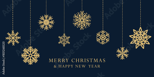 Elegant Christmas banner with hanging golden snowflakes on dark blue background. Minimal festive winter design with Merry Christmas and Happy New Year greeting. Vector holiday illustration.