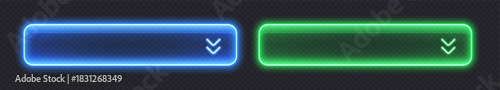 Neon dropdown buttons, glossy transparent banners made from glass. Modern design element. Vector illustration.