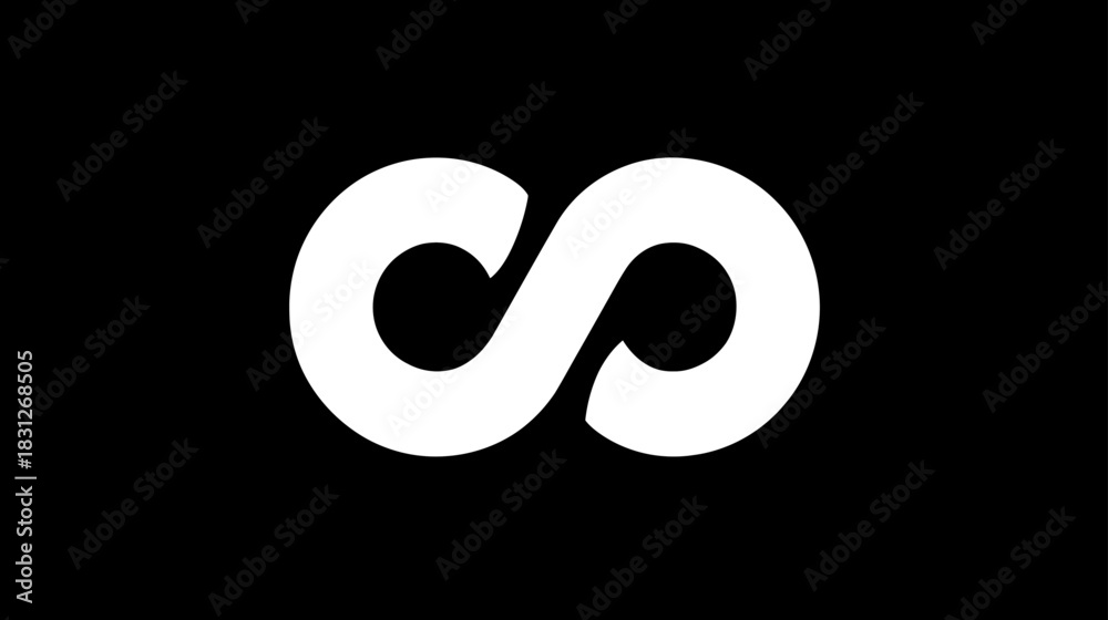 Obraz premium Minimalist white infinity symbol icon on a solid black background. Conceptual graphic representing endlessness, eternity, perpetuity, and a limitless future.