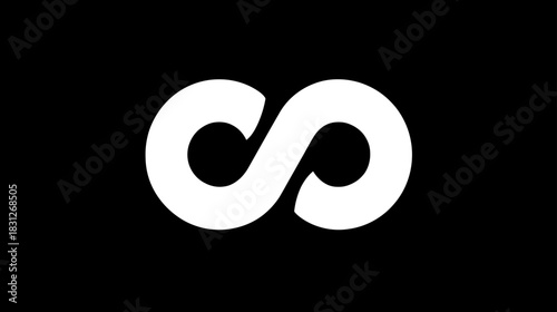Minimalist white infinity symbol icon on a solid black background. Conceptual graphic representing endlessness, eternity, perpetuity, and a limitless future.