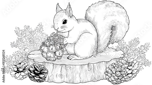 Cute squirrel holding a pine cone on a tree stump with forest elements, black and white line art illustration, nature wildlife drawing.