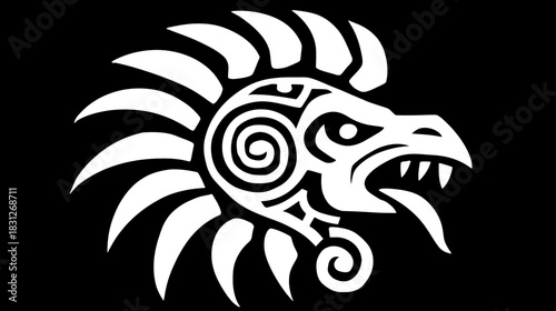 Majestic stylized eagle head with intricate tribal patterns on a black background, ancient Mesoamerican inspired art and cultural symbol.
