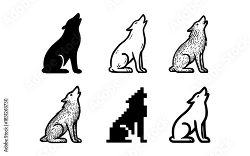 Diverse wolf icons in silhouette and pixel styles featuring minimalist and detailed designs