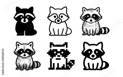 Cute raccoon collection in diverse styles featuring pixel and sketch designs