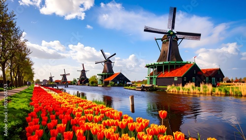 Classic Dutch windmills beside a canal lined with vibrant tulips on a sunny spring day.