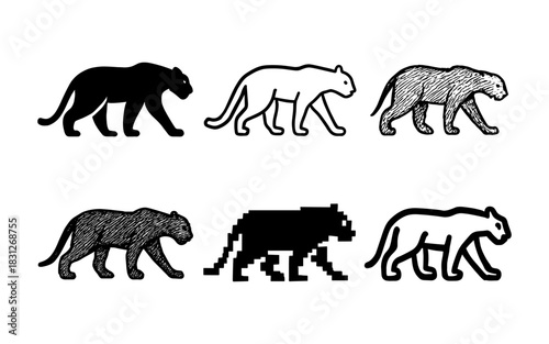 Stylized panther designs in various artistic styles including pixel and sketch