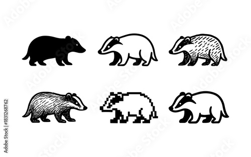 Diverse badger icons: silhouette, pixel, and sketch styles for design projects