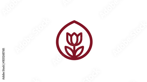 Elegant Minimalist Tulip Flower Icon in Maroon Drop Shape - Nature, Growth, Beauty, Floral Design Element