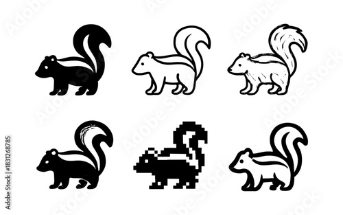 Diverse skunk designs: silhouette, pixel art, and more