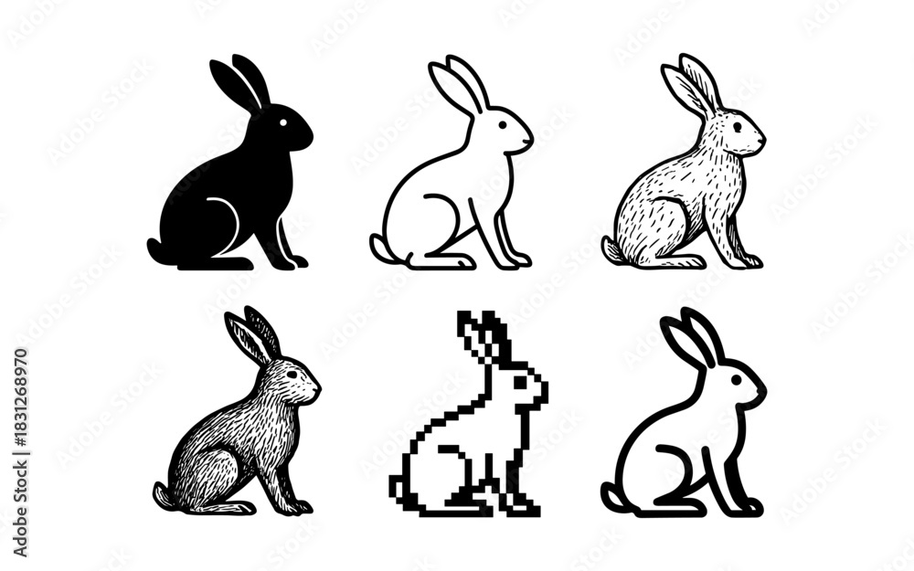 Obraz premium Collection of rabbit designs: silhouette, linear, sketch, pixel art, and minimalist styles
