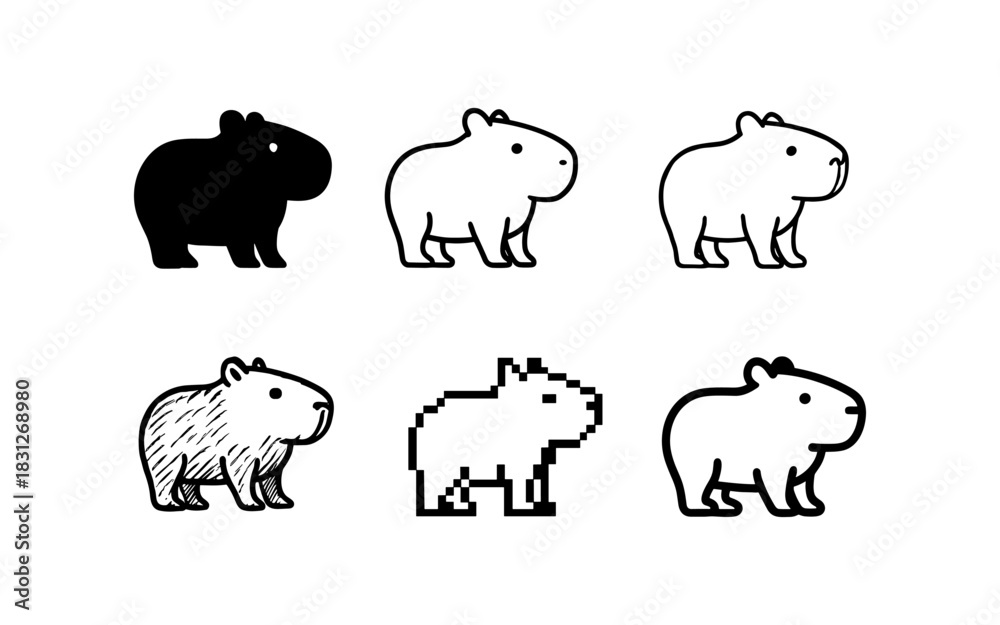 Fototapeta premium Pixel and outline capybara designs in minimalist styles