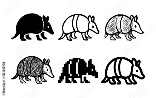 Armadillo design variations in multiple art styles for creative projects
