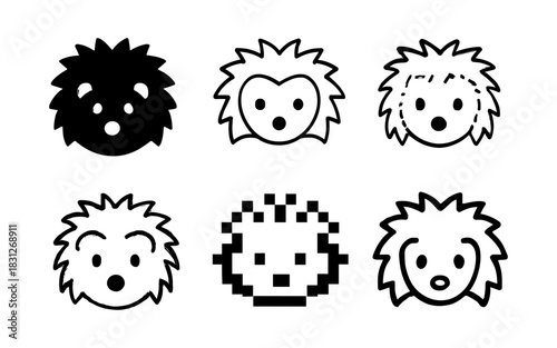 Cute hedgehog faces in various artistic styles: playful and creative designs