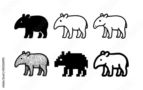 Unique tapir designs: silhouette, outline, and pixel variations
