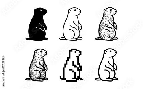 Diverse styles of standing prairie dogs in silhouette, linear, and pixel art