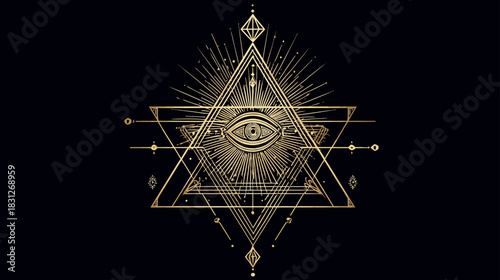 Golden Eye of Providence in radiant pyramid with sacred geometry on black background. Mystical, esoteric symbol of wisdom and enlightenment.