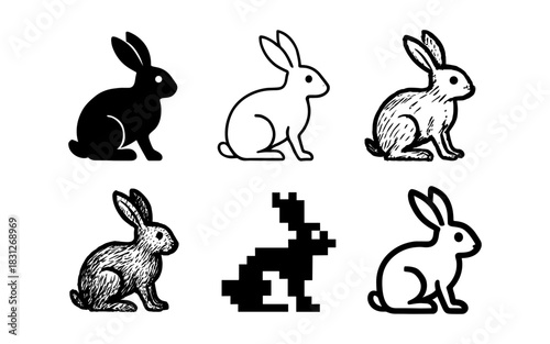 Diverse rabbit designs: silhouettes, sketches, pixel art, and minimalist styles