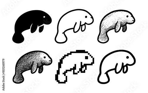 Variety of manatee designs: silhouette to pixel art styles for creative inspiration
