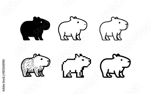 Pixel and outline capybara designs in minimalist styles