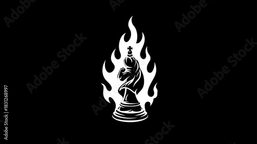 Bold Flaming Chess Knight on Black Background, Symbol of Strategy, Power, and Challenge Vector Art