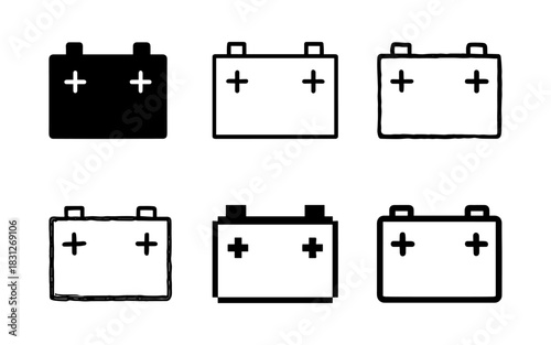 Battery icons in various styles: silhouette, outline, and minimalist designs