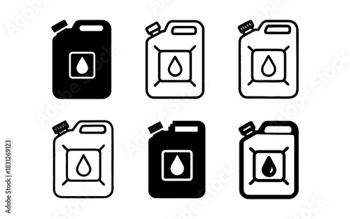 Set of fuel cans icons featuring solid and outline design with water droplet symbol