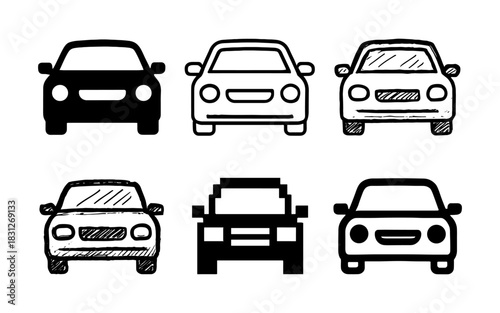 Collection of car silhouettes: hand drawn, linear, pixelated styles showcasing front views
