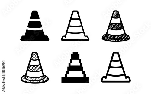 Traffic cones in minimalist styles: icon set featuring silhouette, pixel, and sketch design