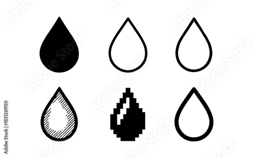 Water drop icon set in various styles: silhouette, outline, sketch, pixelated