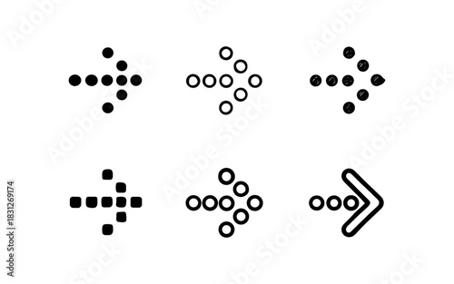 Collection of diverse arrow designs in minimalist style with dots and outlines