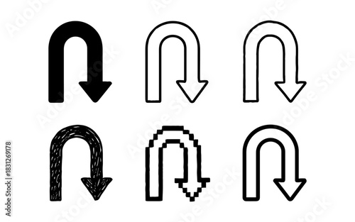 Diverse u-turn arrows in various artistic styles and textures for creative design