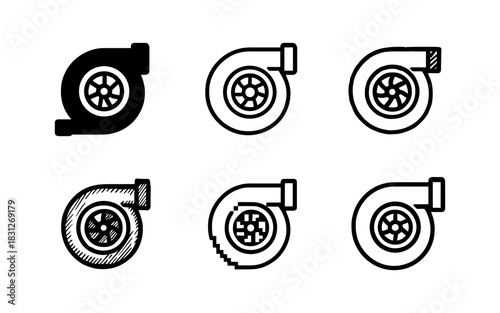 Diverse turbocharger designs: flat, linear, and pixel art styles showcase variety