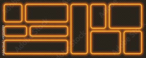 Neon glowing frames, orange night banners, bright illuminated borders. Rectangular design elements. Vector light effect.