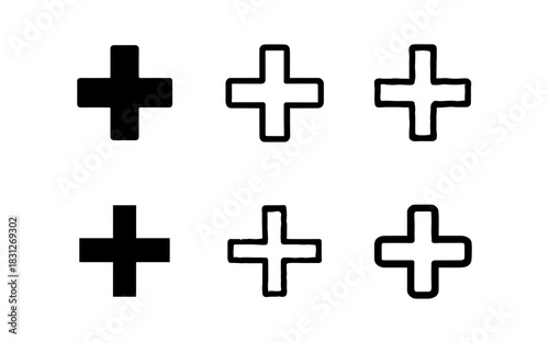 Set of plus signs in various styles: solid, outline, and sketch variations