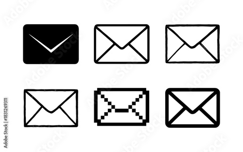 Diverse envelope icons in minimalist, grunge, and pixel styles