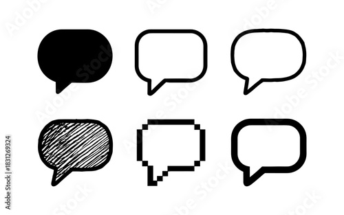 Diverse speech bubble designs: pixelated, sketch, outline, silhouette, minimalist