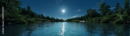Moonlit river reflections nature hdr panorama nighttime tranquil waters