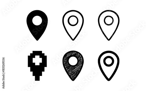 Diverse map pin designs: monochrome and geometric variations