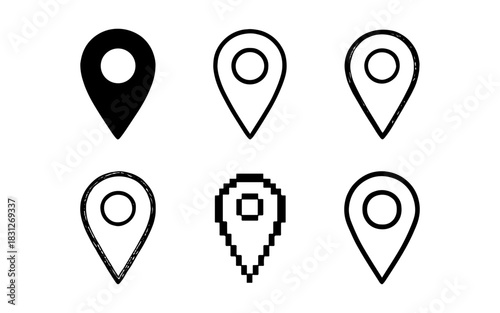 Variety of map markers in different styles: silhouette, outline, and pixel designs