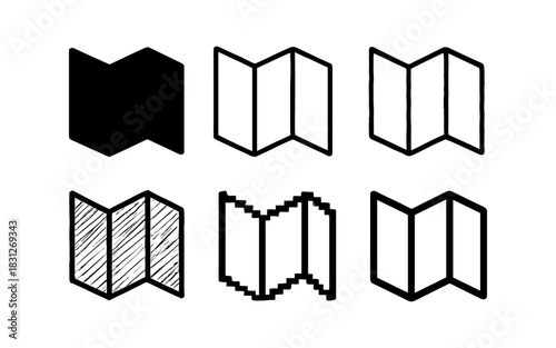 Set of six geometric map icons in various graphic styles