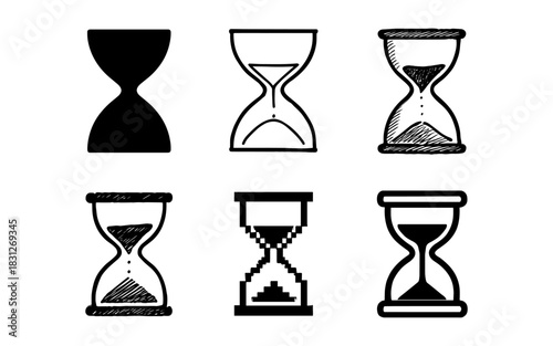 Diverse hourglass designs: sketch, silhouette, and pixel art styles