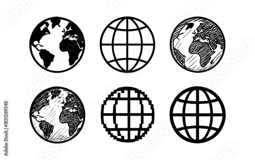 Hand drawn globe icons with various styles for design projects
