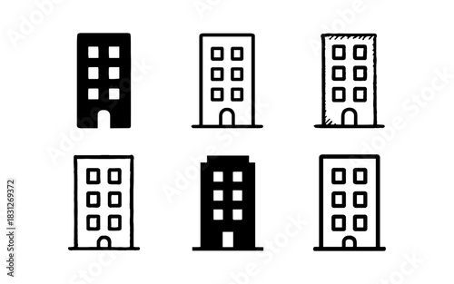 Minimalist black and white building icons set in linear style