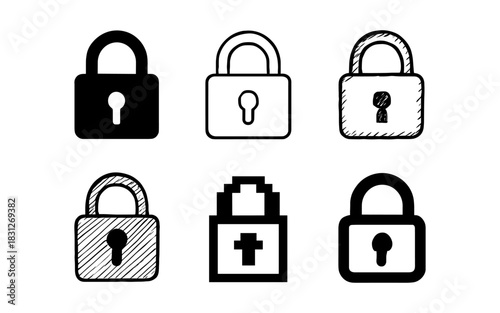 Diverse lock designs in outline and pixel art styles