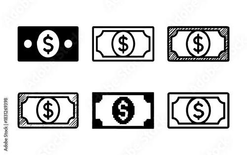 Set of hand-drawn and digital money bill icons in various styles