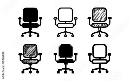 Diverse chair designs: silhouette, sketch, and pixel art variations