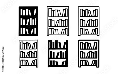 Set of bookshelf silhouettes and line art illustrations in various styles