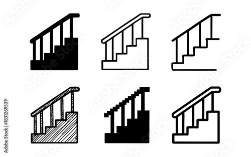 Collection of staircase icons: black, outline, and sketch styles